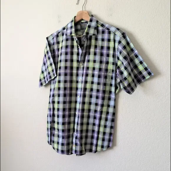 Thomas Dean Men's Short Sleeve Button-Down Shirt Medium Blue Green Collared - Picture 6 of 8